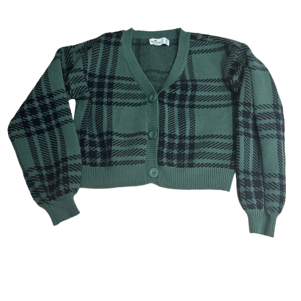 Hollister Cropped Sweater Women's Size XS Green Black Plaid Grunge Y2K Inspired‎
